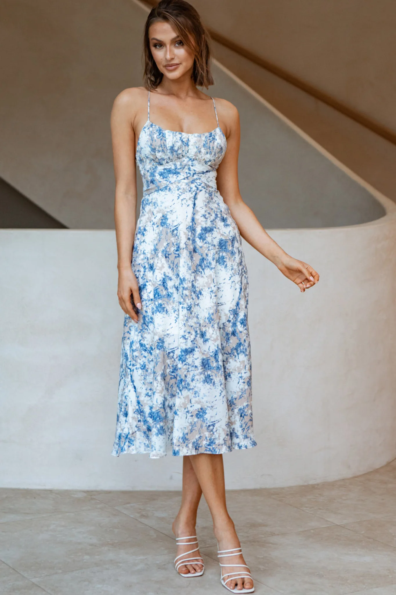 Linka Cami Strap Midi Dress Marble Print Blue