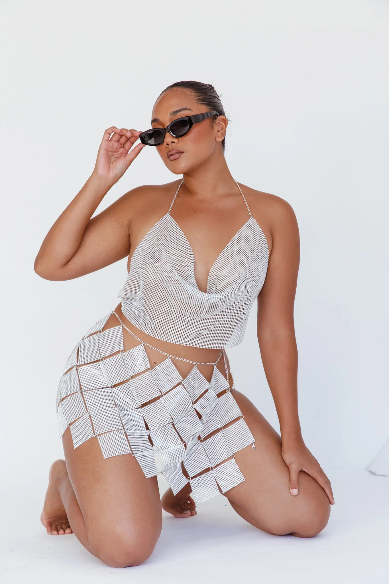 Vally Sequins Geometric Mini Skirt Silver