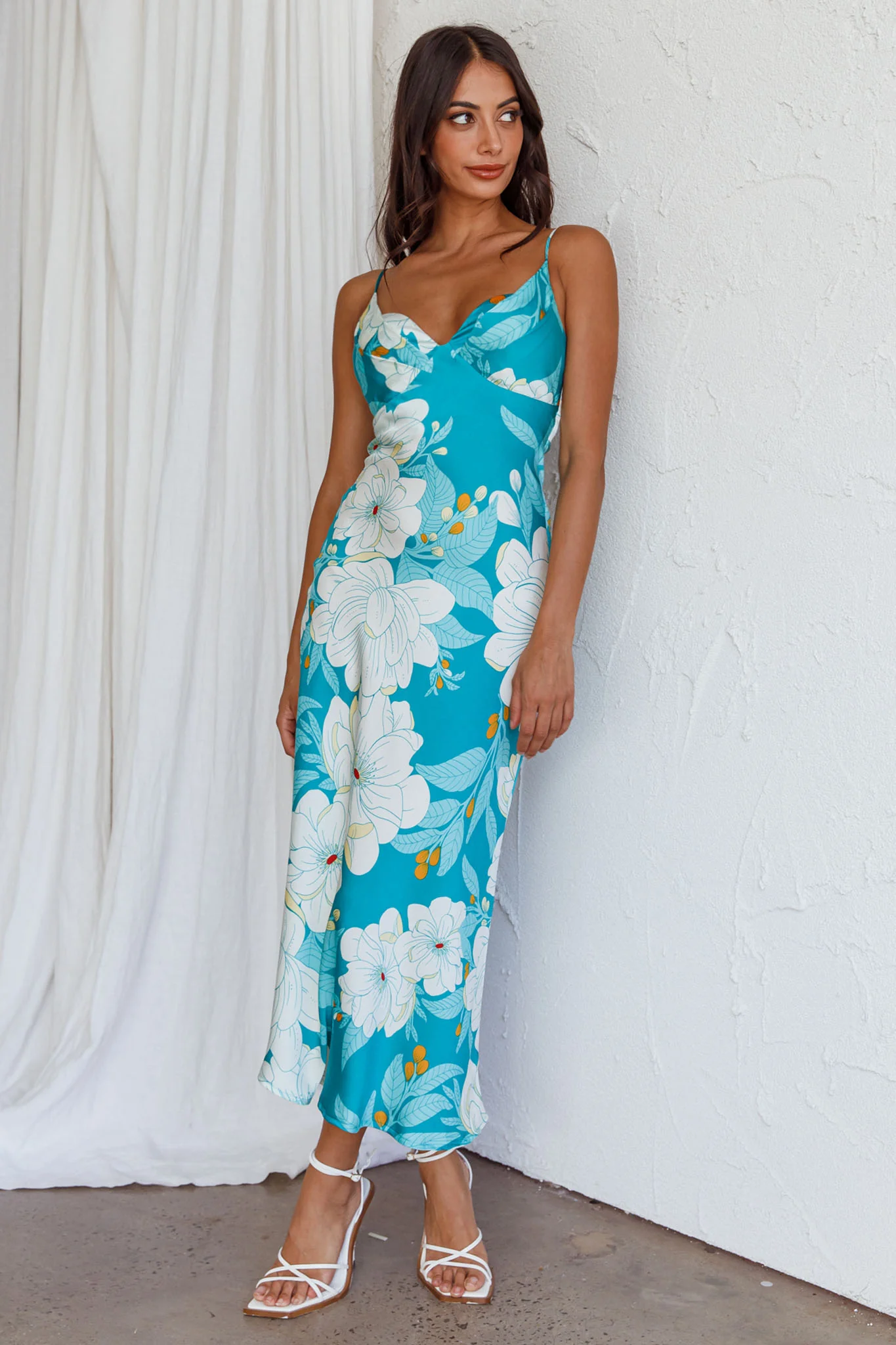 Infinity Pintuck Bust Midi Dress Flower Teal