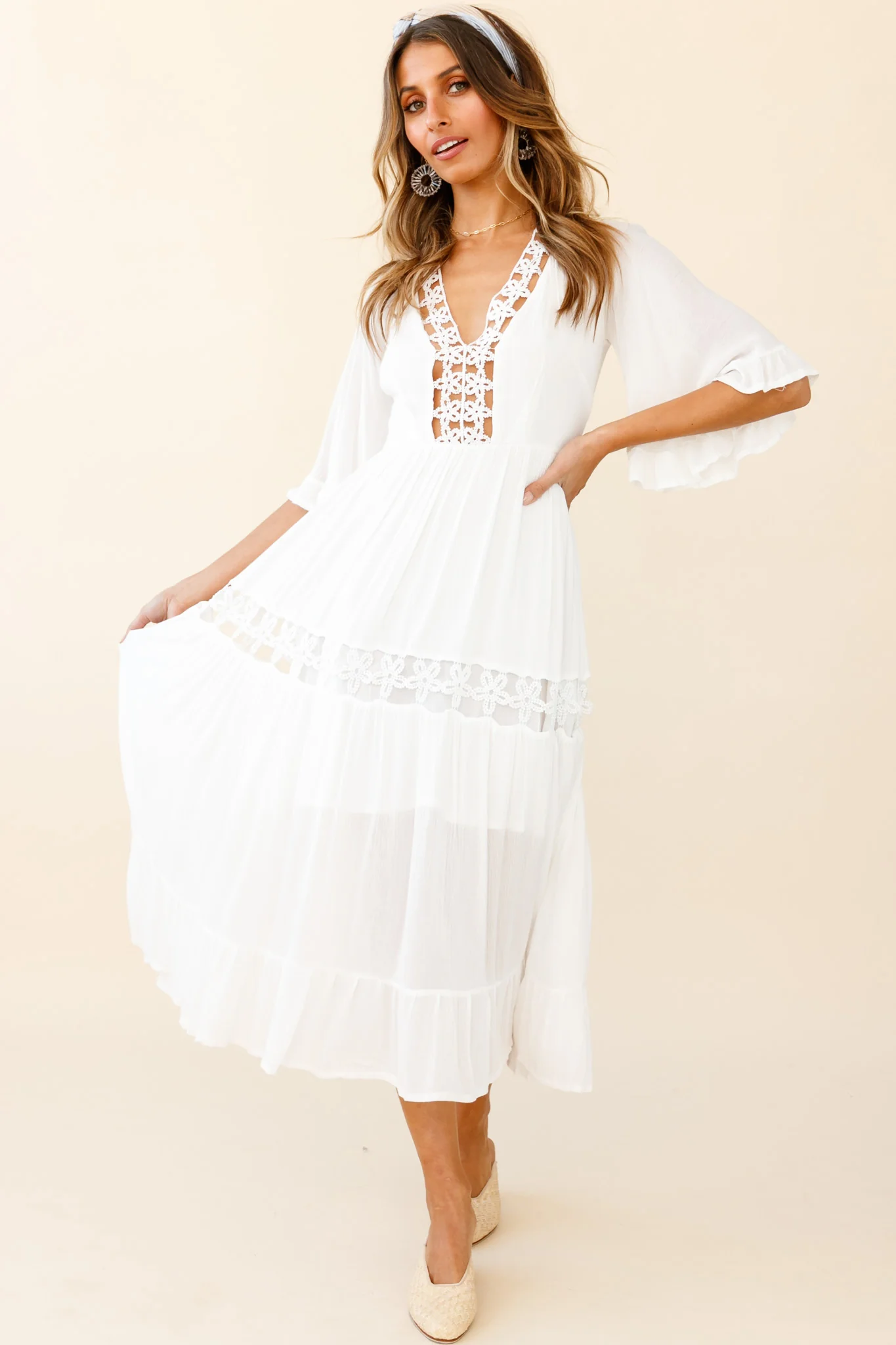Feeling Groovy Bell Sleeve Crochet Trim Maxi Dress White