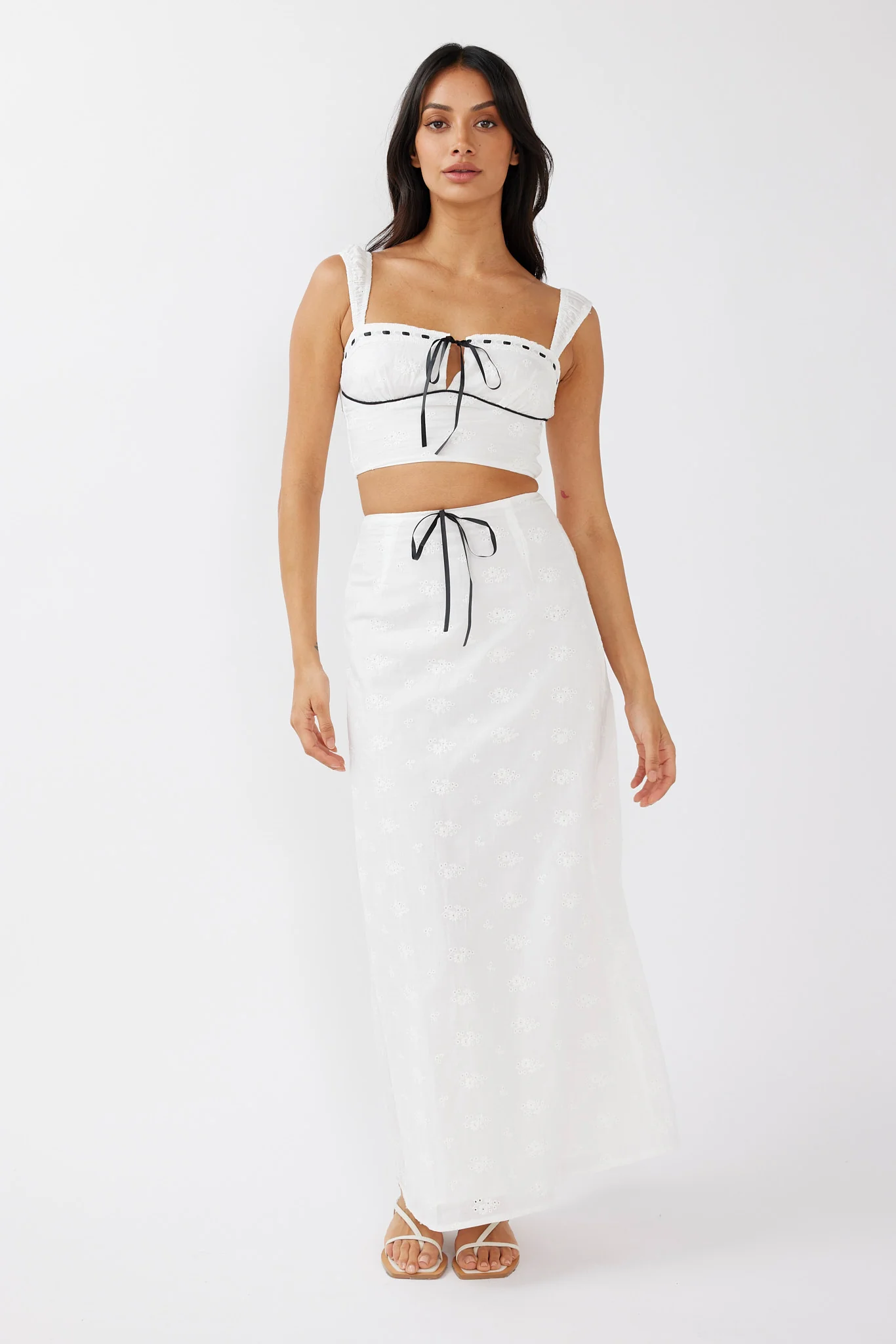 Helga Eyelet Embroidery Bow Crop Top White