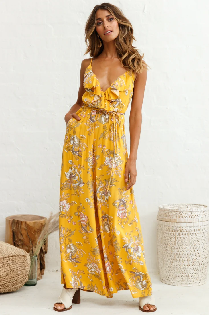 Melita Ruffle V-Neckline Jumpsuit Mustard Print