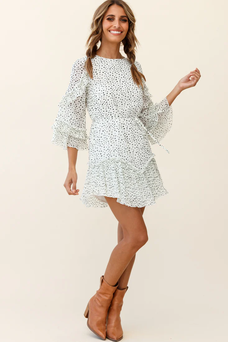 Yours Sincerely Three-Quarter Sleeve Accordion Pleat Dress Speckle Print White