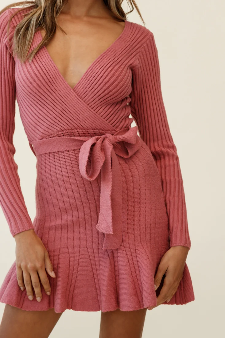 Tarry Long Sleeve Fluted Hem Knit Dress Rose