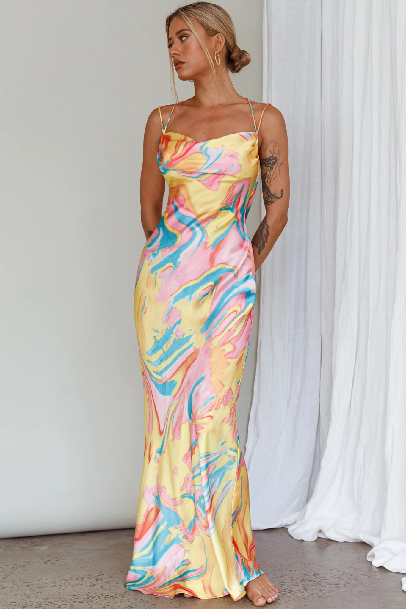 Moment With You Ruched Bust Midi Dress Swirl Yellow/Green