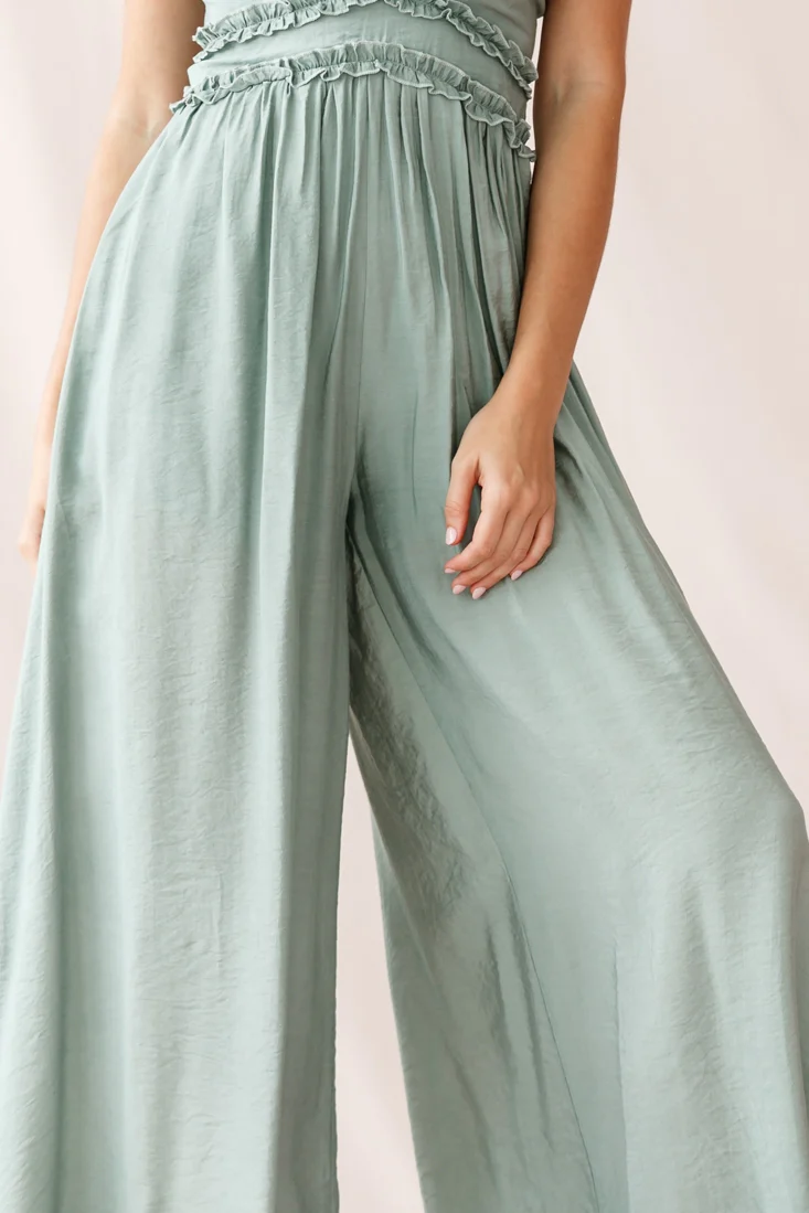 Laney Wide Leg Ruffle Detail Jumpsuit Olive
