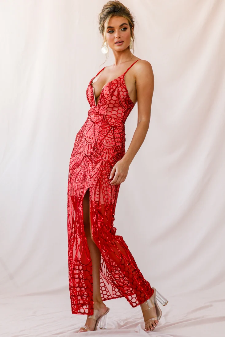 Miya Sequin Overlay Plunging Neckline Dress Red