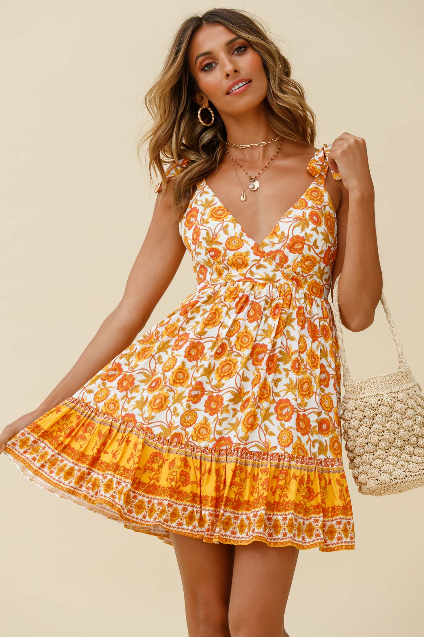 Go Get It Tied Shoulder Sun Dress Floral Print Mustard Multi