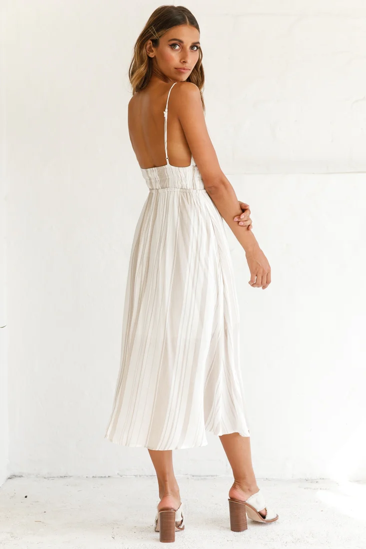 Hosanna Drawstring Detail Pocket Midi Dress Stripe Print Mocha