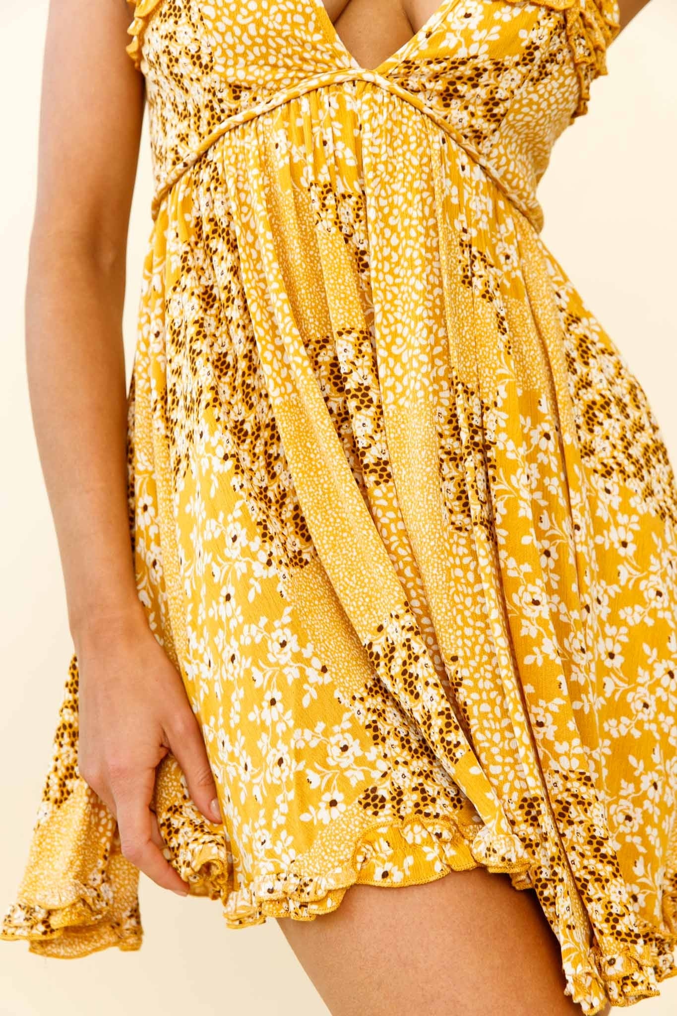 Dote On Me Frill Trim Strappy Back Dress Flower Print Yellow
