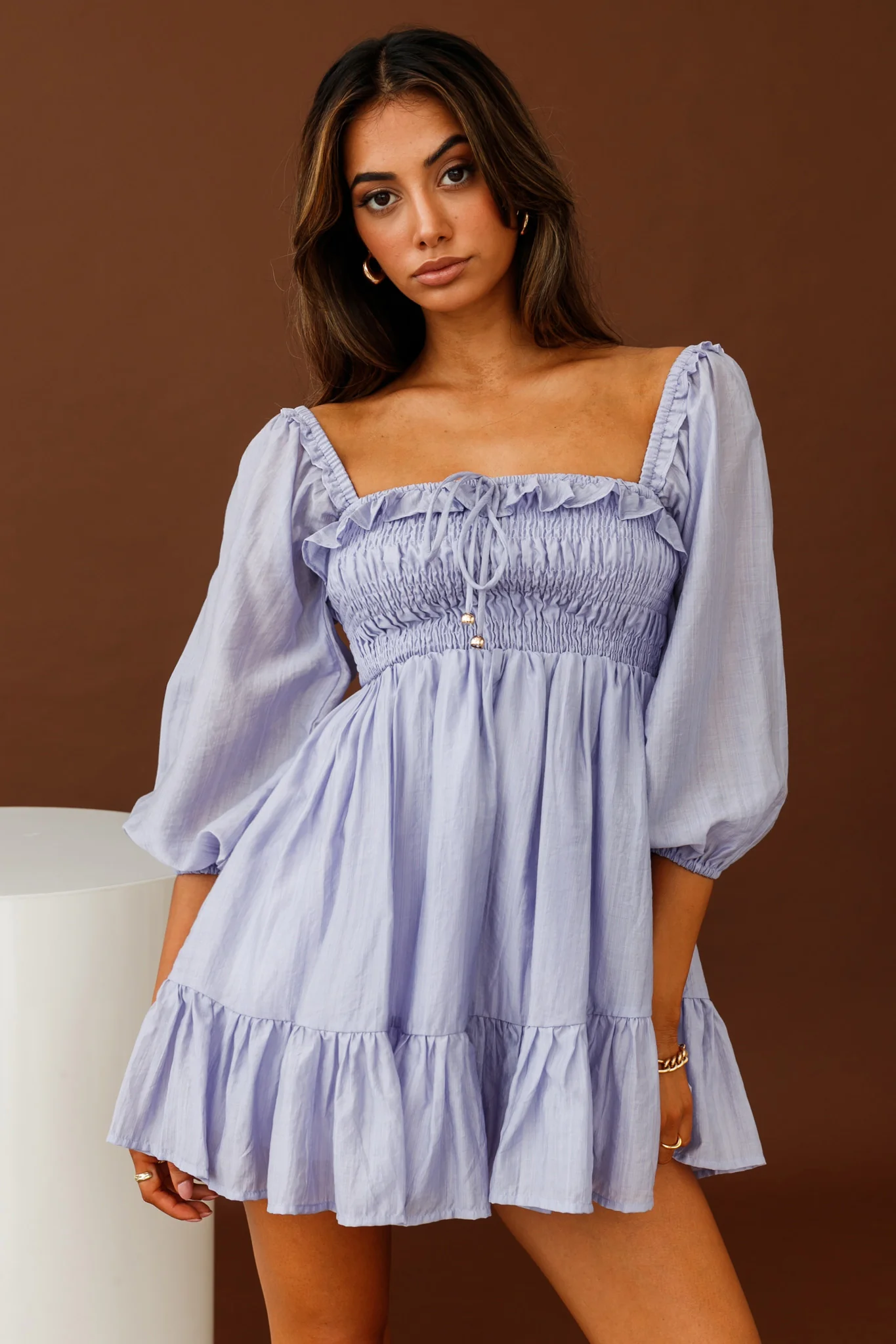 Flynn Balloon Sleeve Shirred Bust Mini Dress Lavender