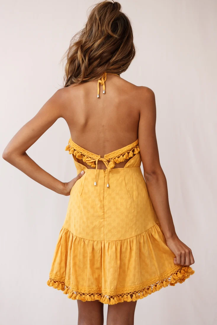 Lazy Days Tied Back Tassel Trim Dress Mustard