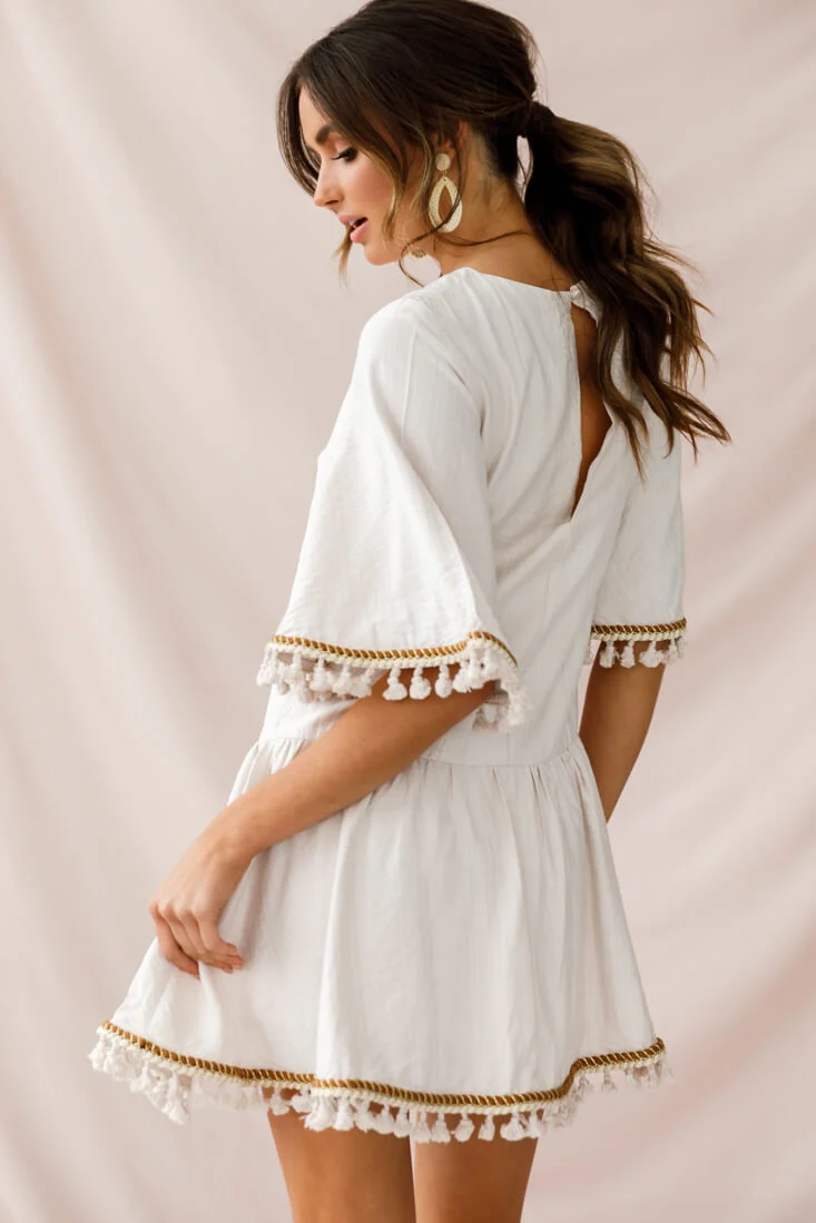 Donna Dropped Waist Tassel Dress Beige
