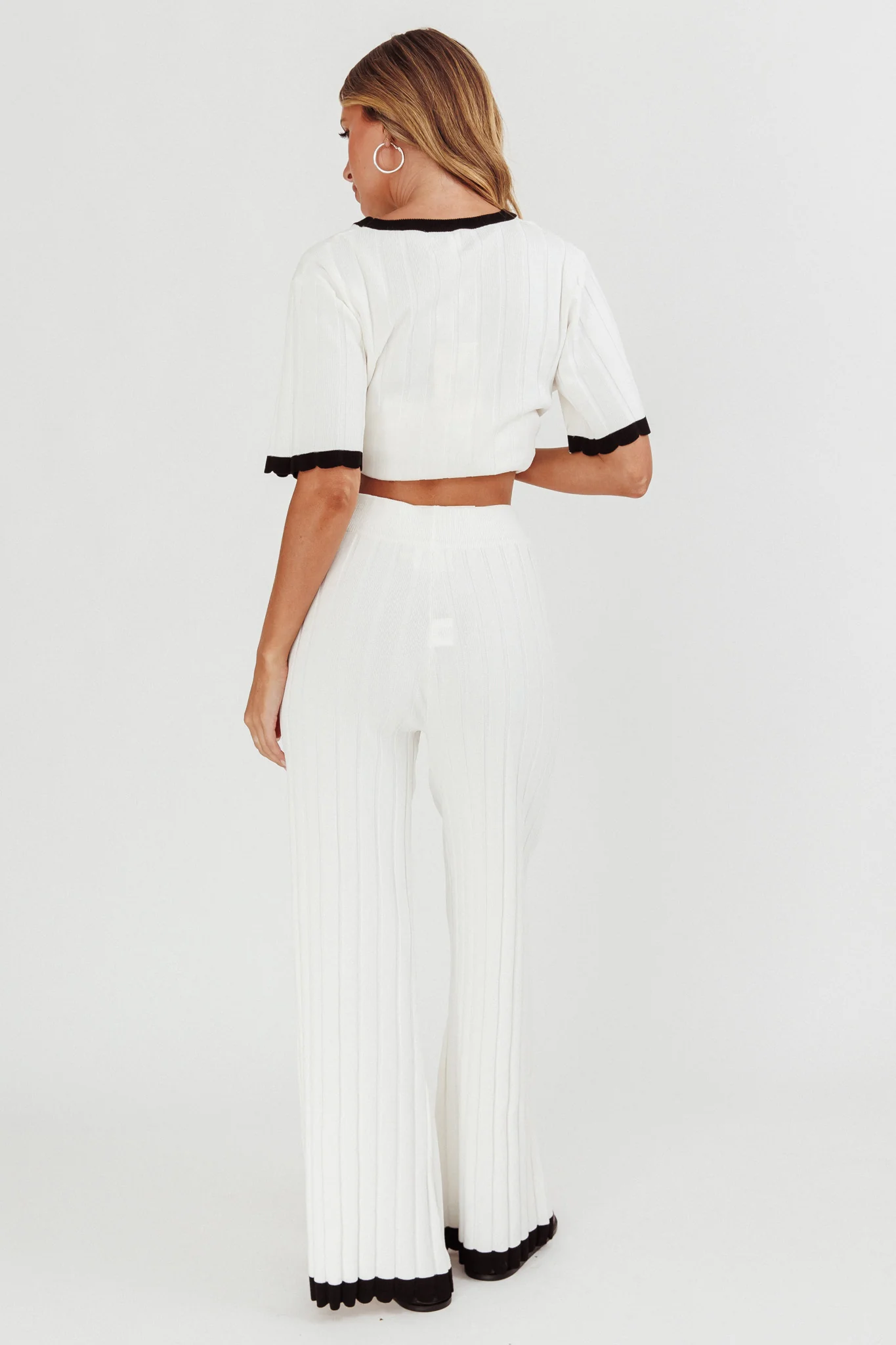 Liloh Contrast Trim Ribbed Knit Pants White
