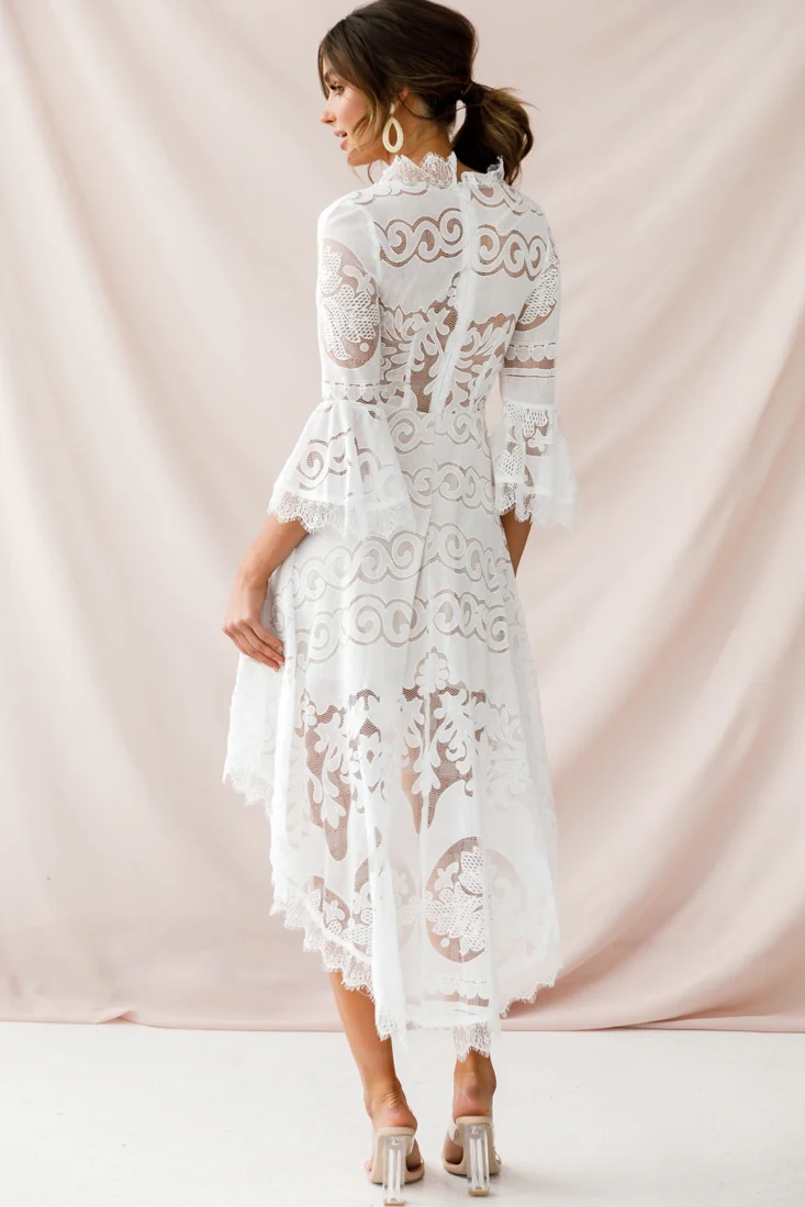 Chantilly High-Low Bell Sleeve Dress White