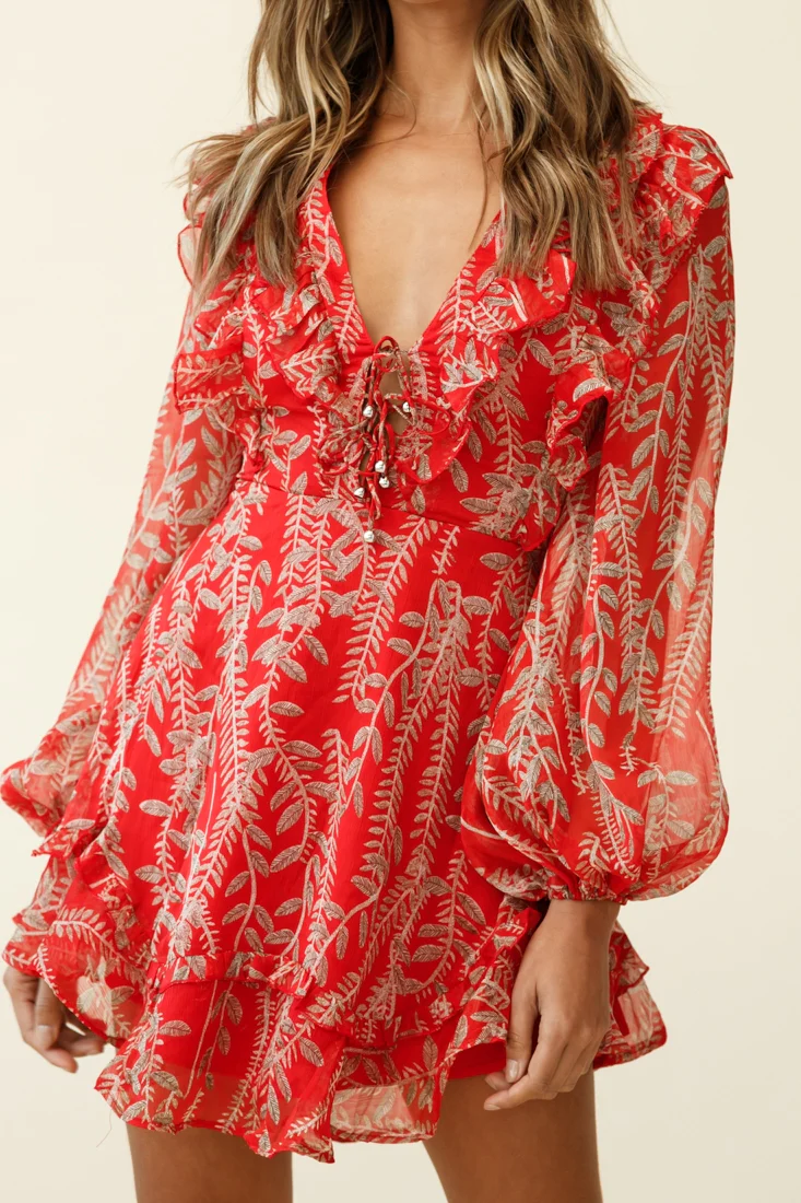 Odette Long Sleeve String Tie Neckline Vine Print Dress Red