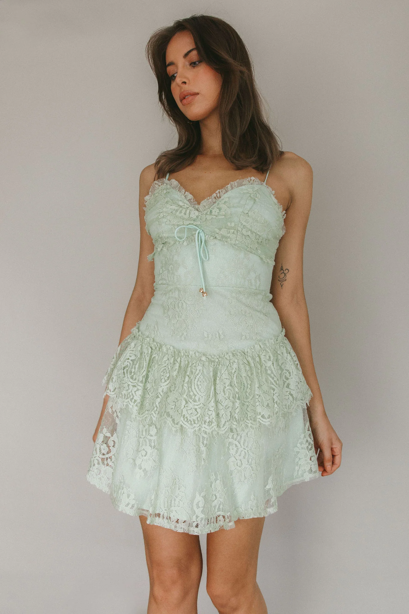 St Tropez Cami Strap Frill Trim Lace Mini Dress Sage
