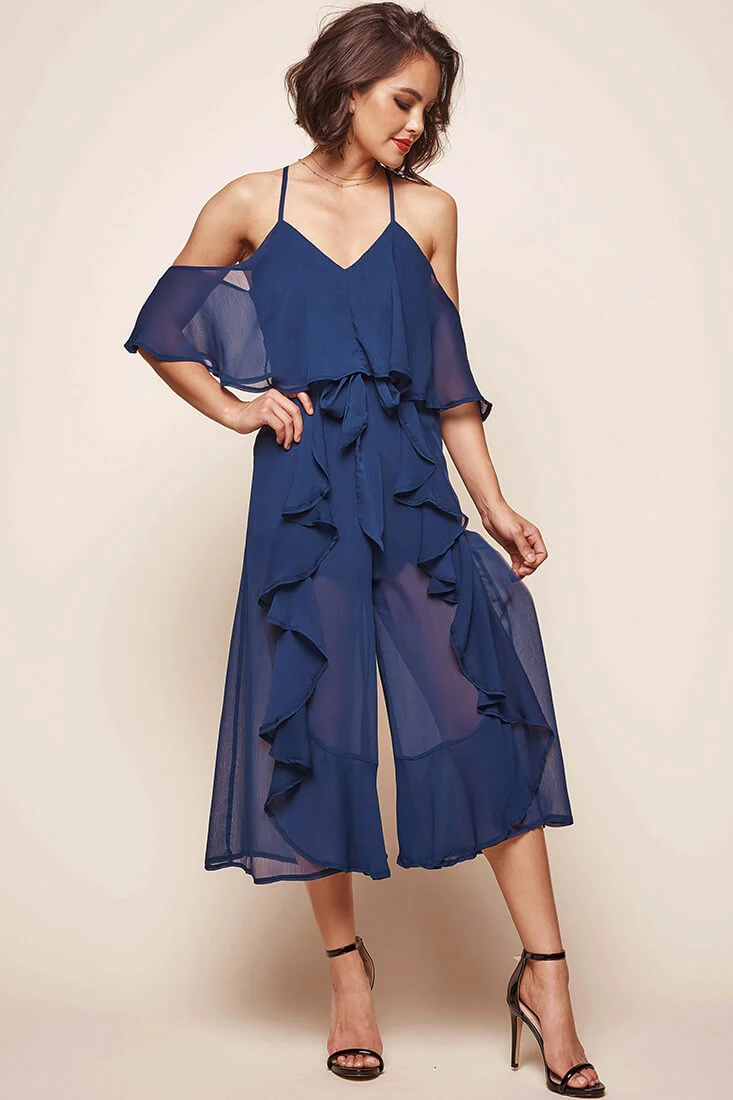Constance Midi Ruffle Jumpsuit Navy