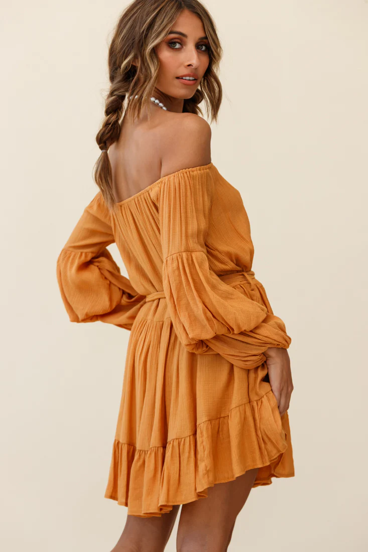 Frida Off-Shoulder Waist Tie Dress Tan