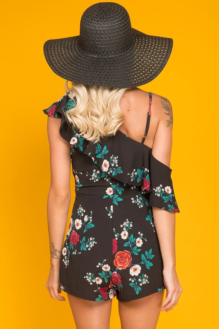 Sadie Floral Ruffled Collar Romper Black Print