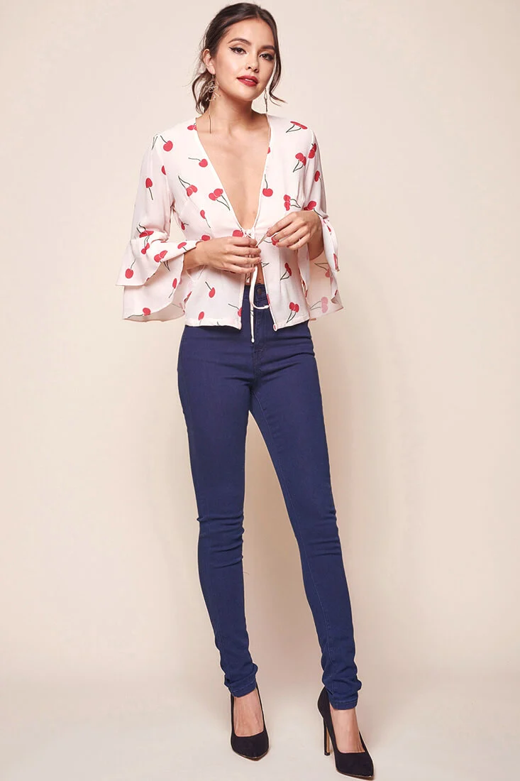 Robbi Bell Sleeved Cherry Top Beige