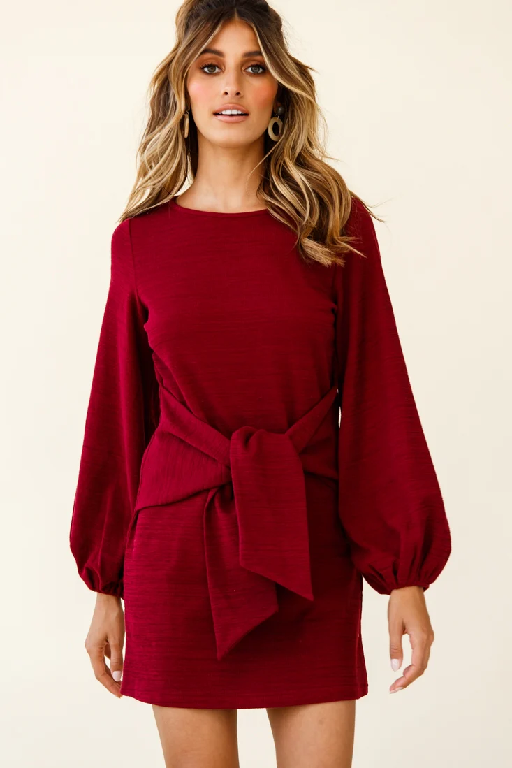 Rapt Waist Tie Balloon Sleeve Knit Dress Wine