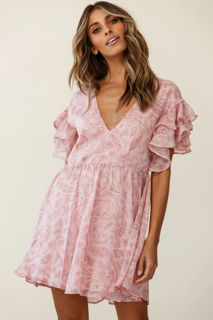 Here And Now Layered Ruffle Sleeve Loose Fit Dress Paisley Print Rose