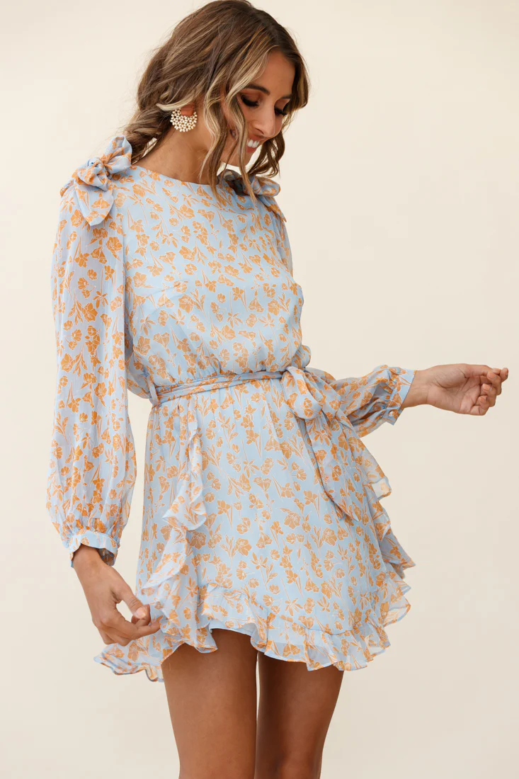 Leigh Long Sleeve Waist Tie Dress Floral Print Blue/Orange