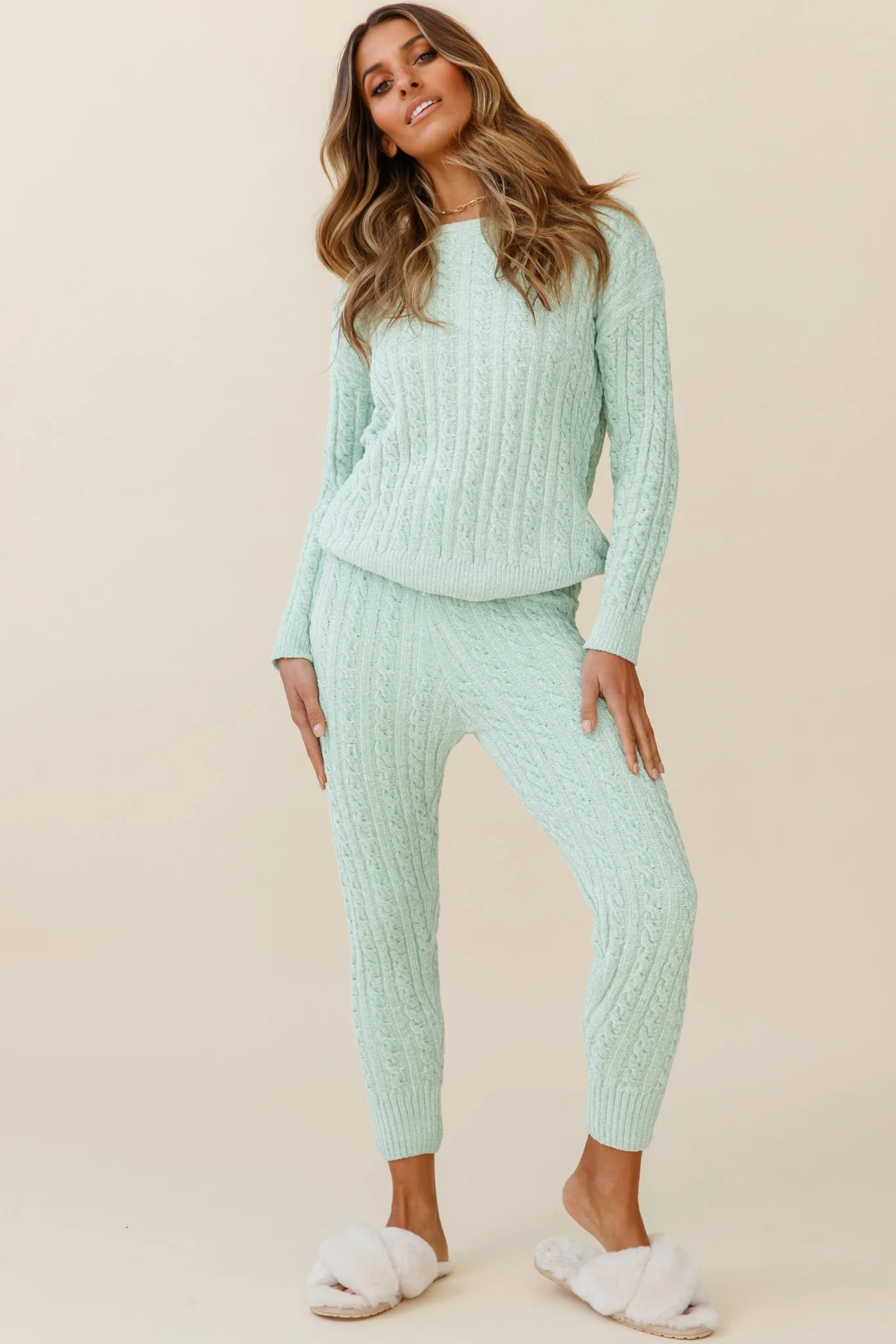 Kansas Cable Knit Fitted Pants Green