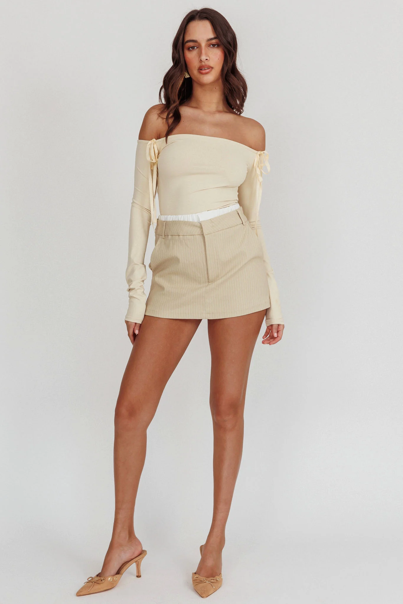 Rhian Pinstripe Double Waistband Skort Beige White