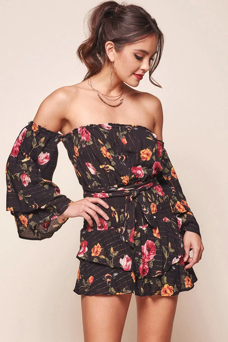 Emory Off the Shoulder Bell Sleeve Romper Black