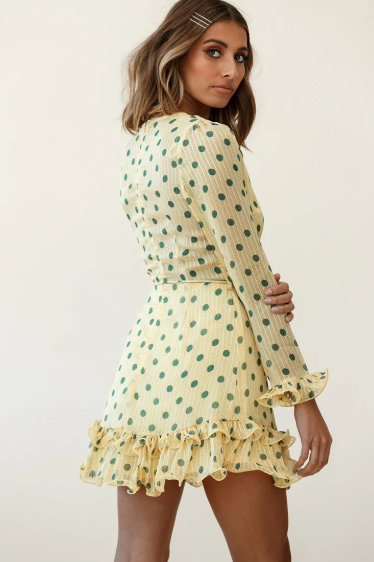 Breckin Long Sleeve Double Frill Hem Dress Polka Dot Print Mustard