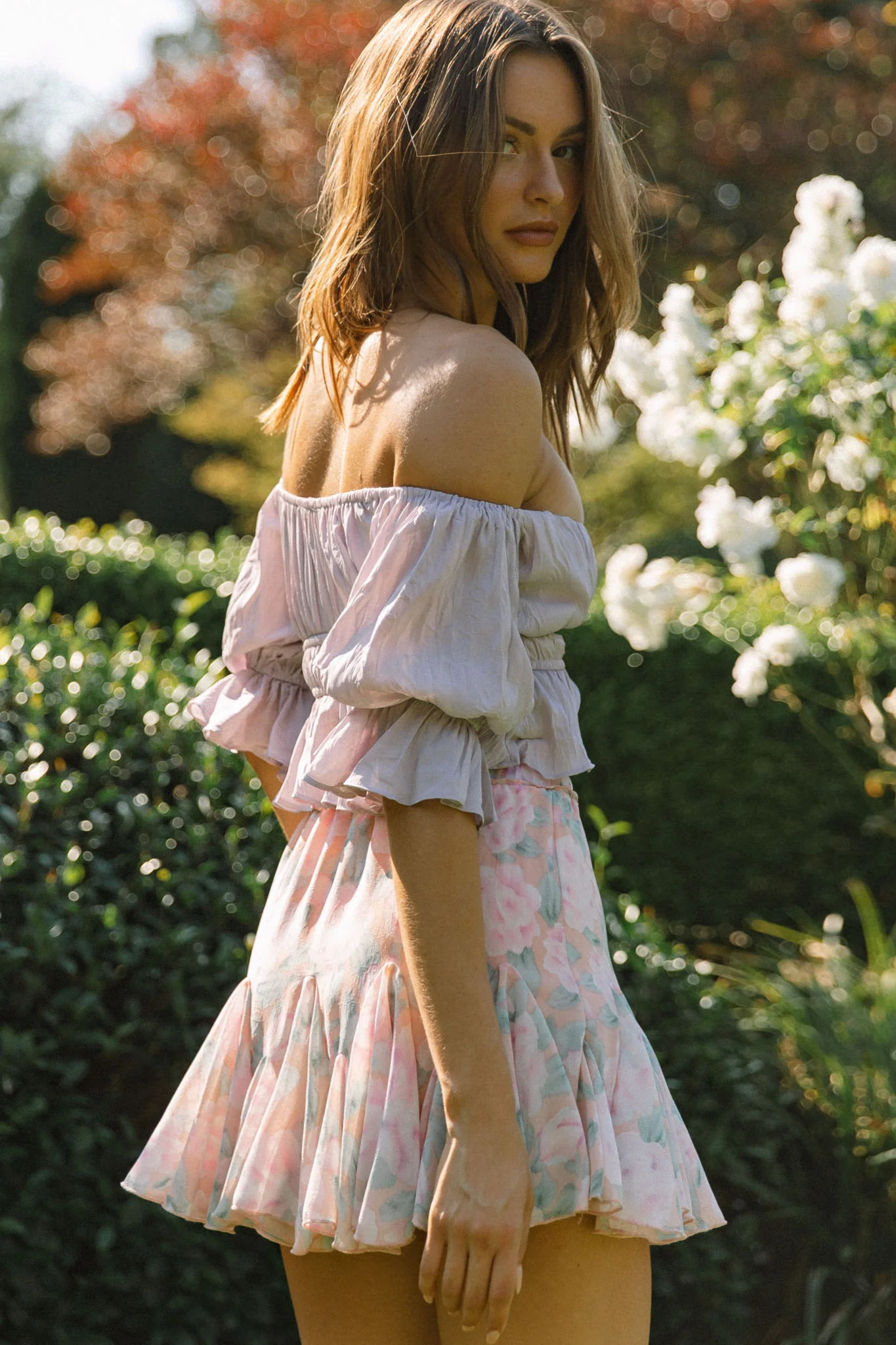 Josephina Off-Shoulder Lace-Up Front Crop Top Lilac