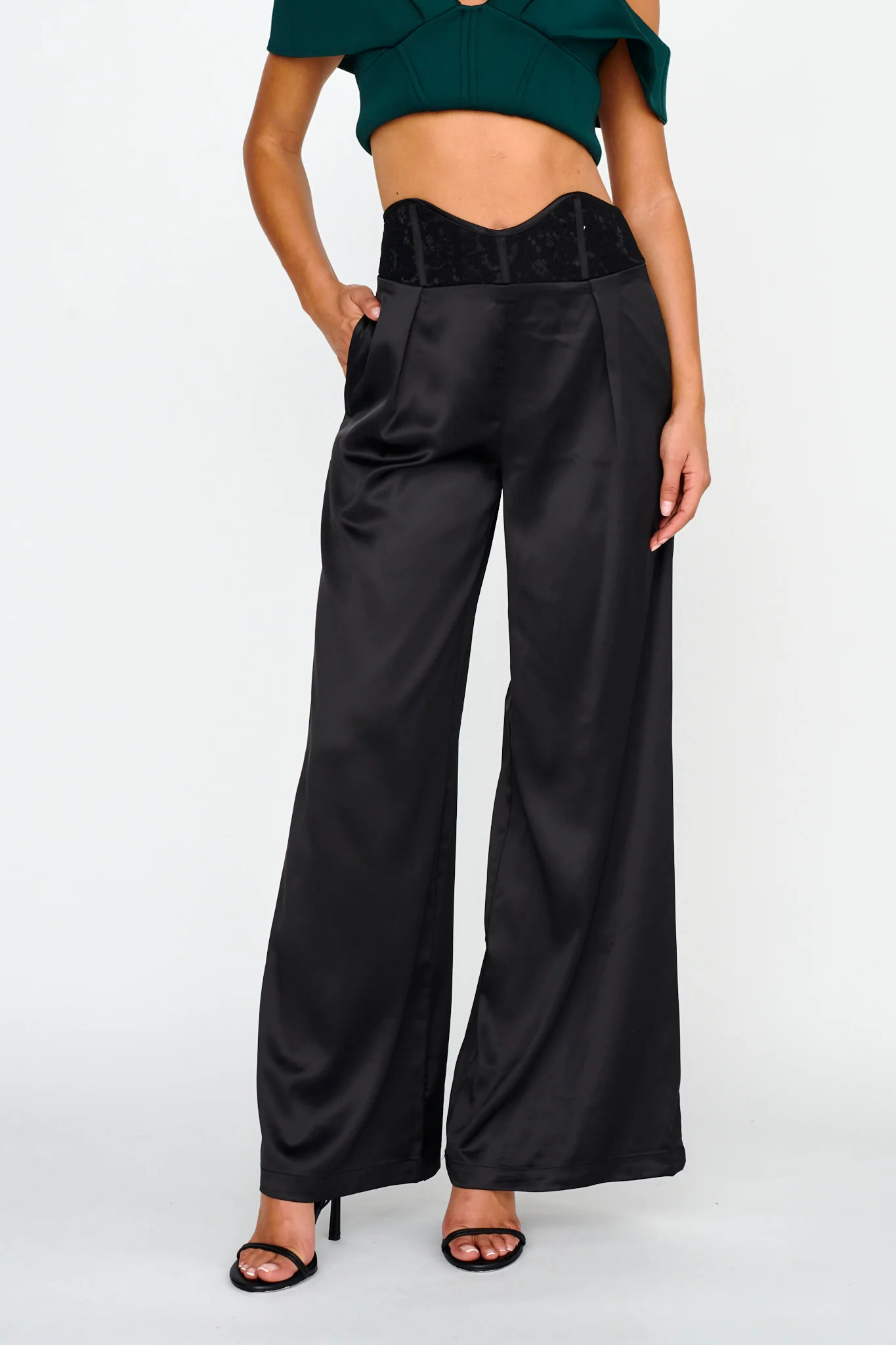 Lucky Stars Curved Waist Lace Trim Pants Black