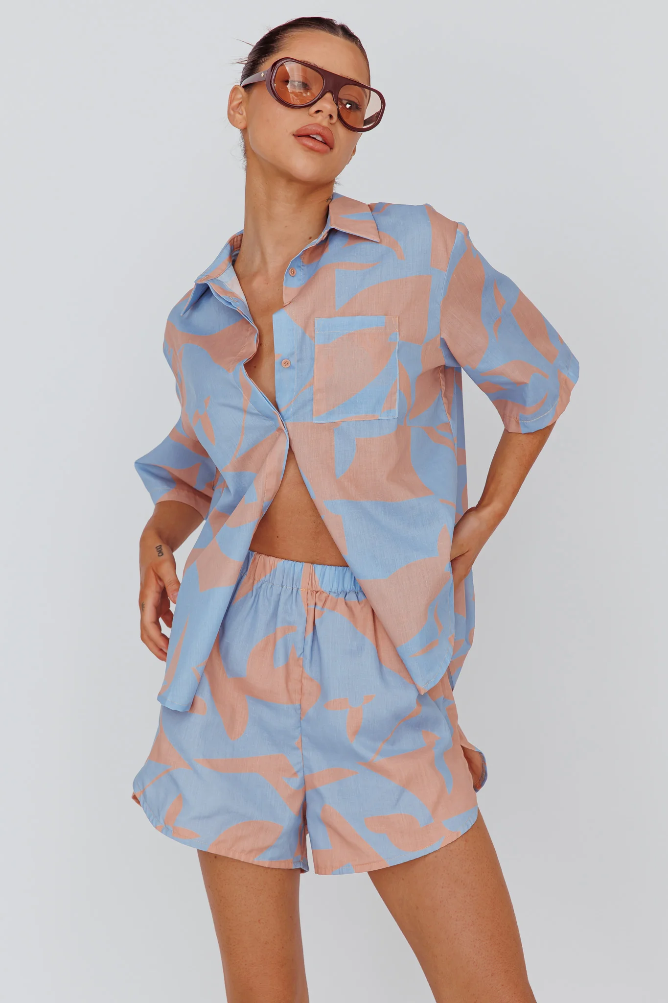 On Vacay Button-Up Shirt Print Blue