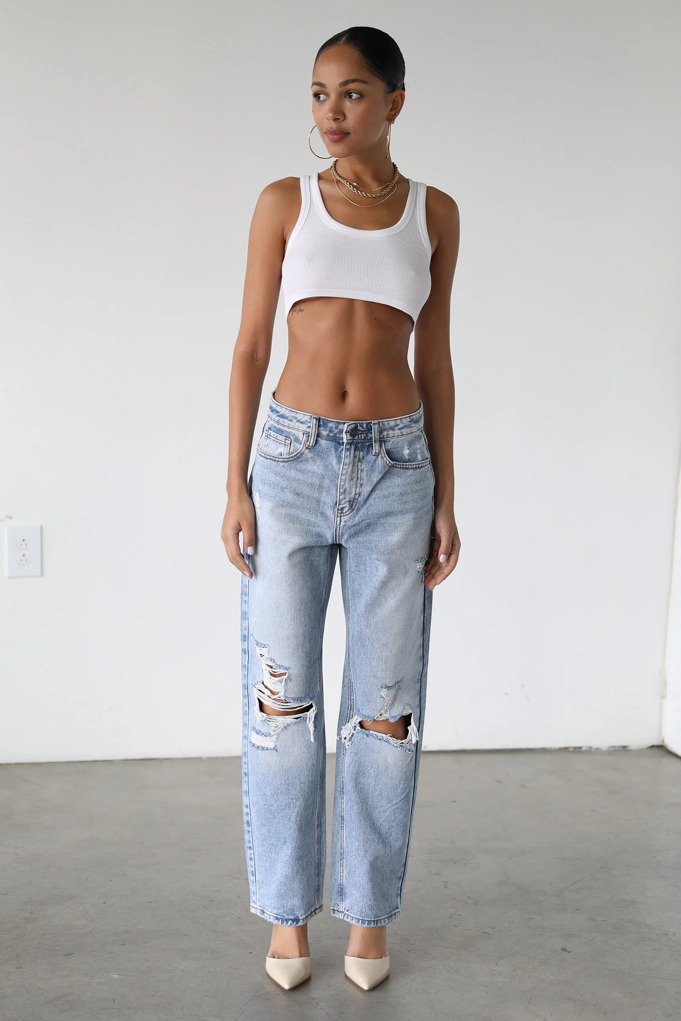 DOGMA High Rise Straight Leg Denim Jeans Distressed Light Wash