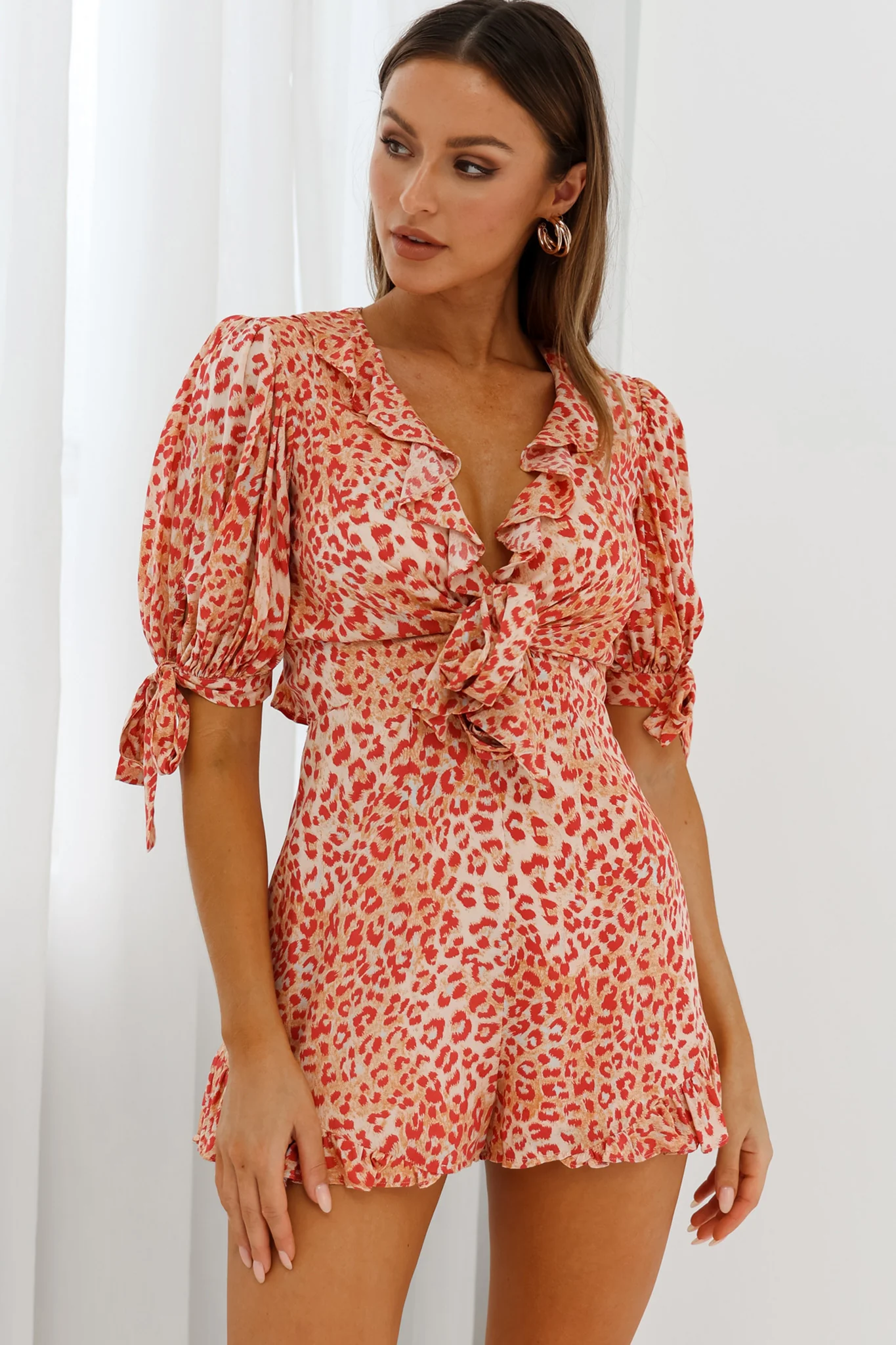 Francine Short Sleeve Tied Bust Romper Leopard Print Orange