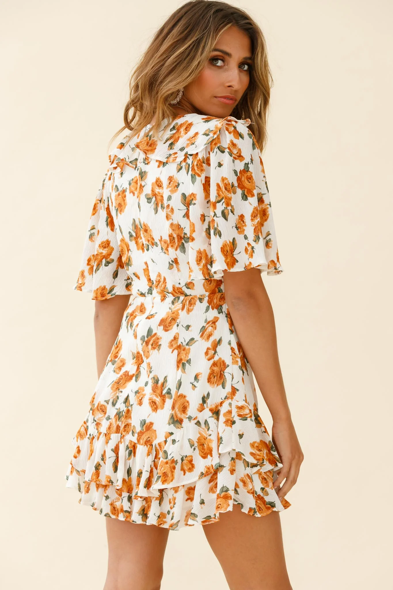 Mona Lisa Angel Sleeve Ruffle Trim Dress Rose Print Dress White/Tan