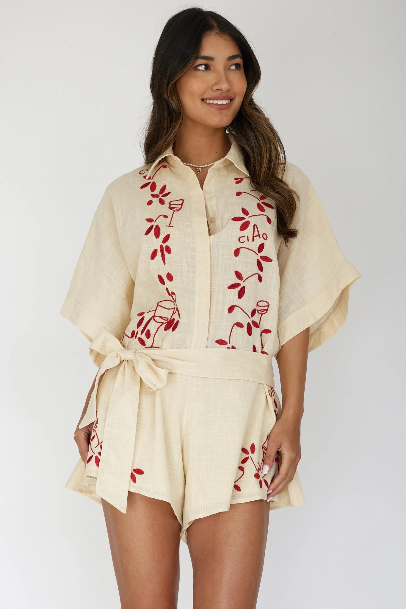 Daytona Beach Button-Up Romper Embroidered Oat