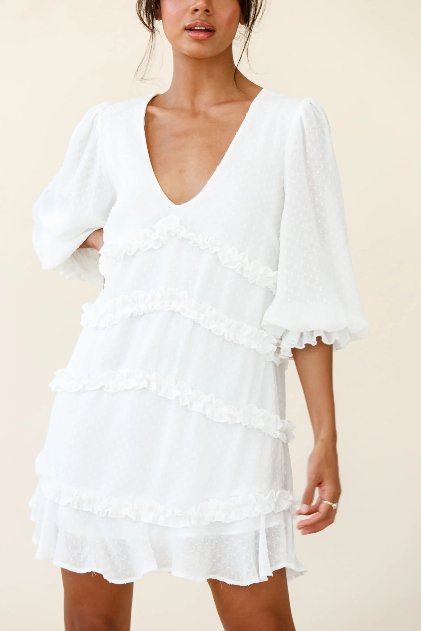 Tabitha Balloon Sleeve Loose Fit Frill Detail Dress White