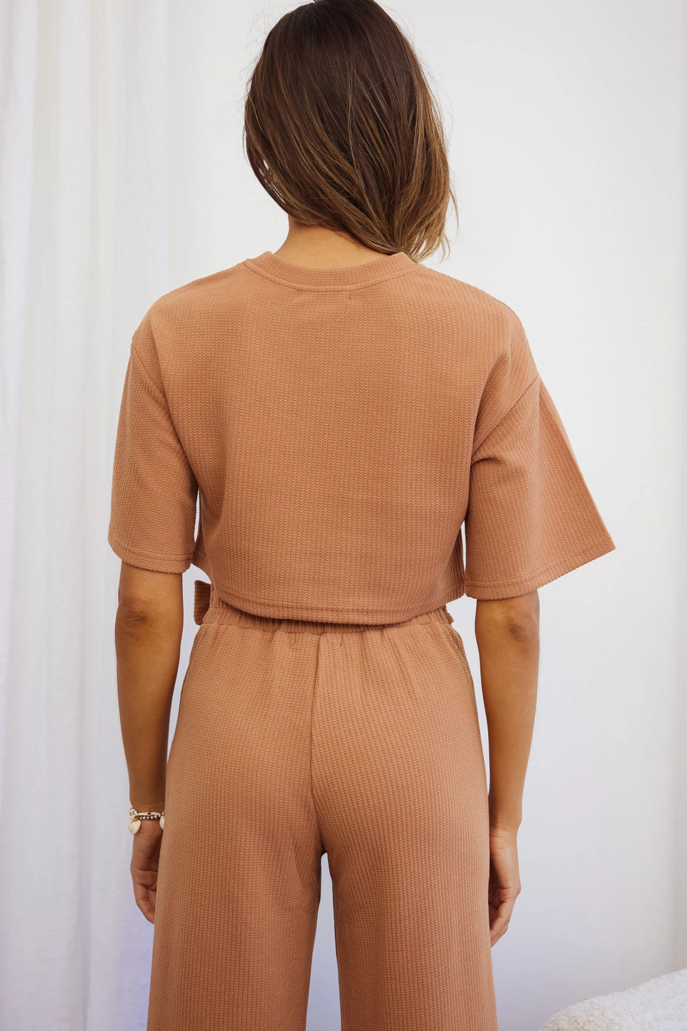 Larissa Crew Neck Ribbed Tee Crop Top Tan