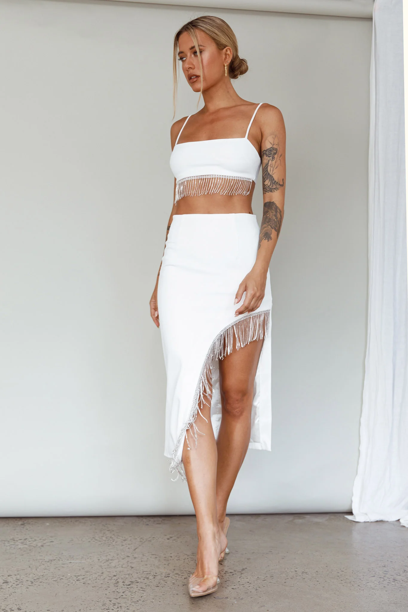 Attention Seeker Diamante Trim Midi Skirt Off White