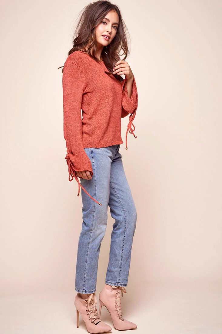 Cairo Knitted Long Tie Sleeved Top Rust