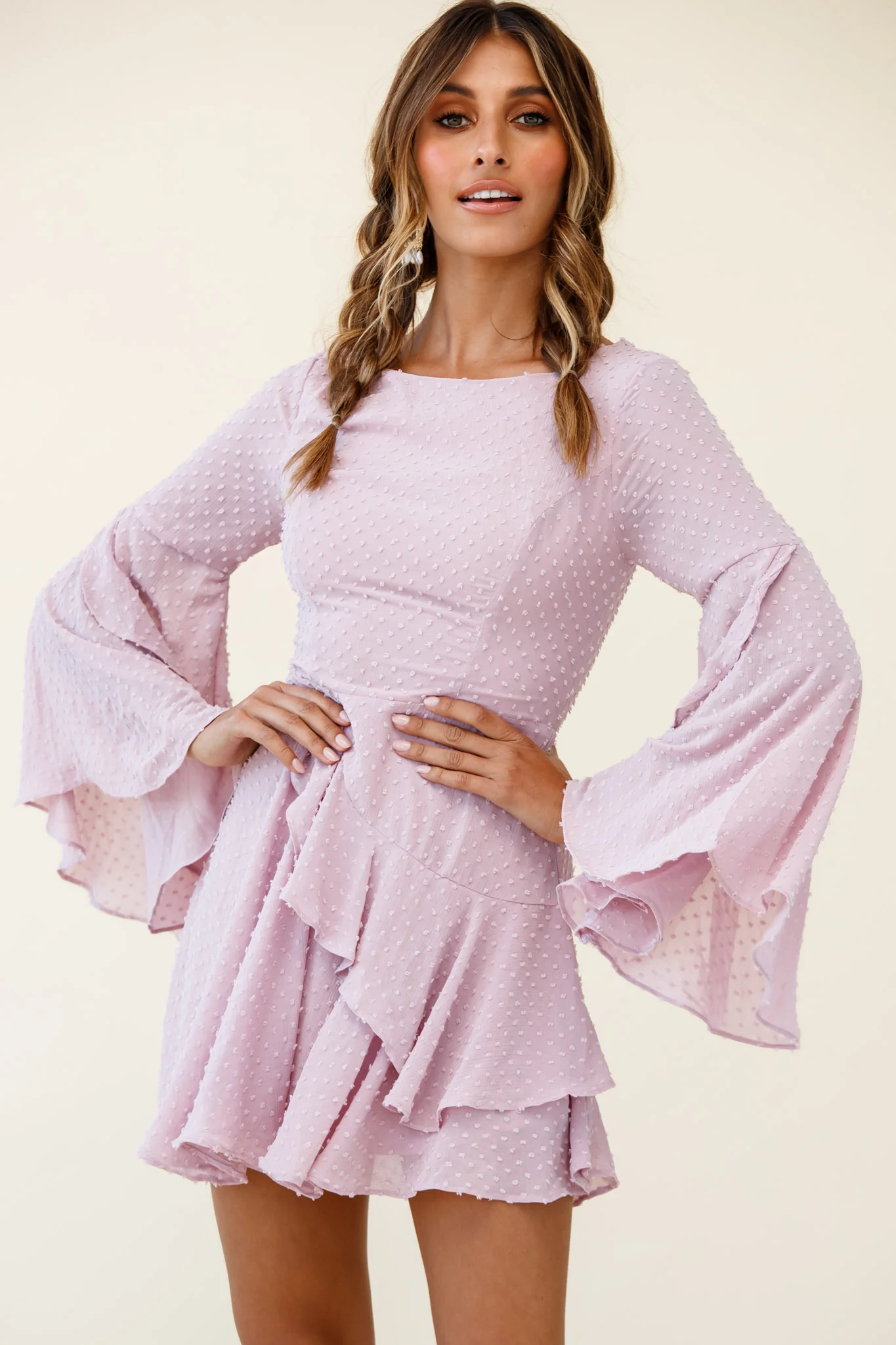 Carlini Flared Sleeve Boat Neckline Dress Blush