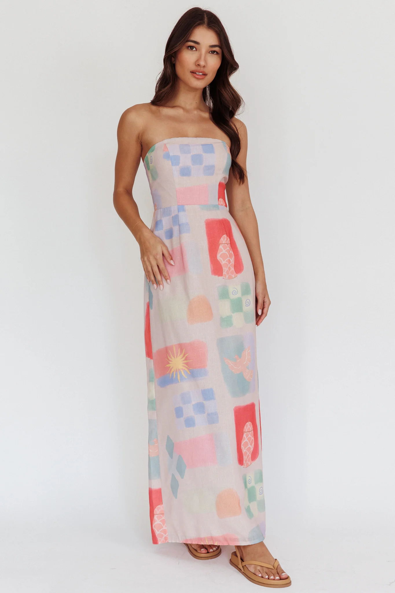 Eastern Sun Strapless Abstract Print Maxi Dress Multi