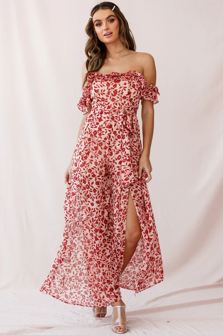 Jazz Bardot Neckline Wide Leg Split Jumpsuit Red