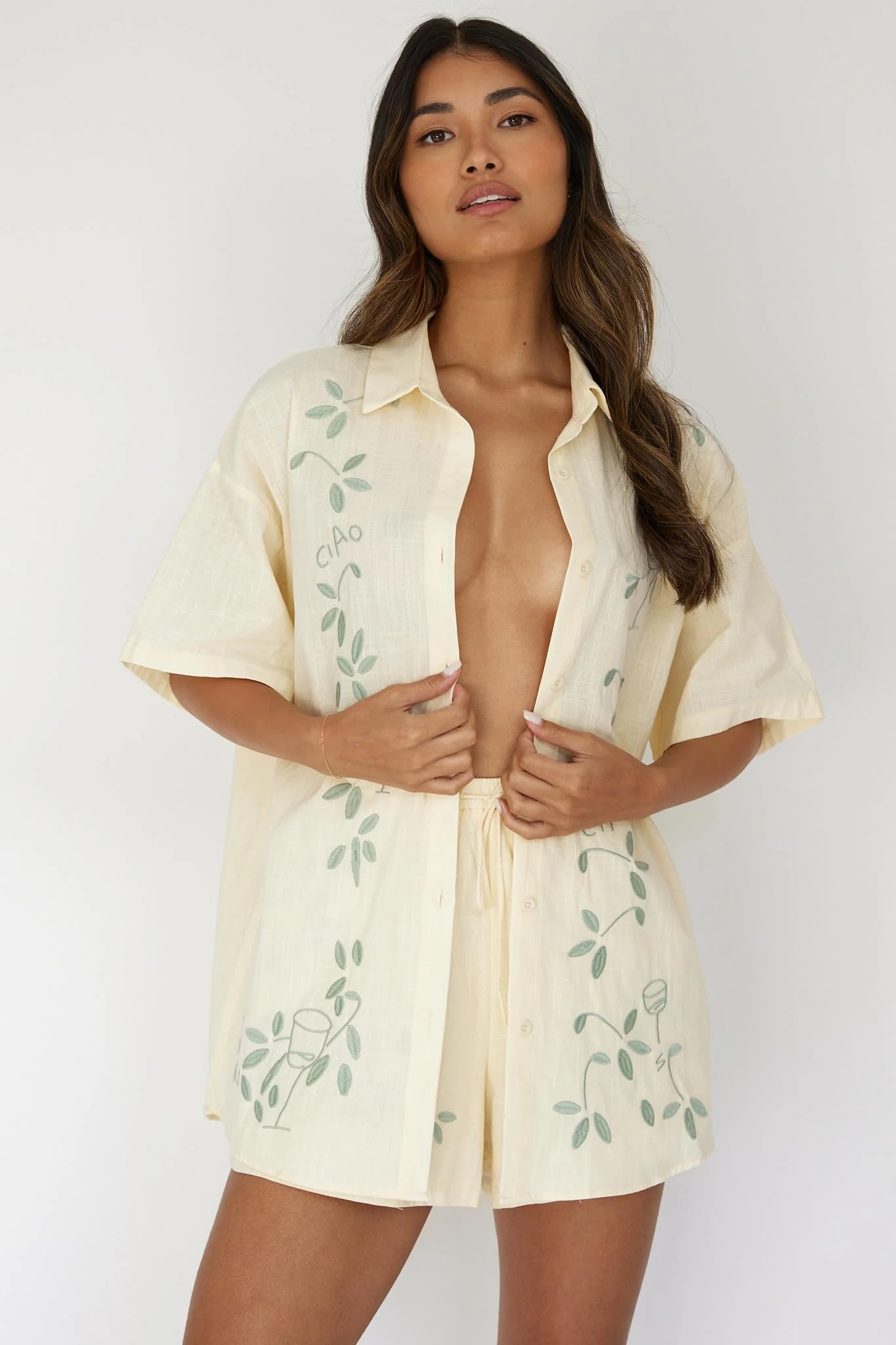 Ciao Ciao Embroidered Button-Up Shirt Butter