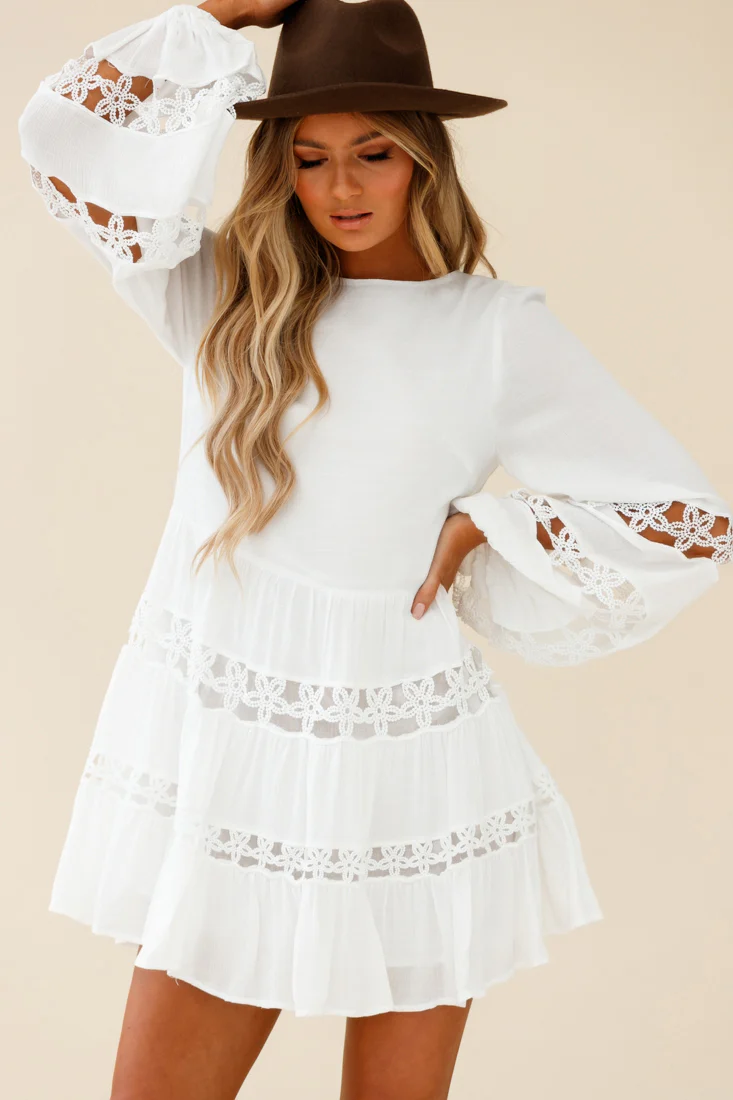 Miles Away Long Balloon Sleeve Trim Insert Dress White