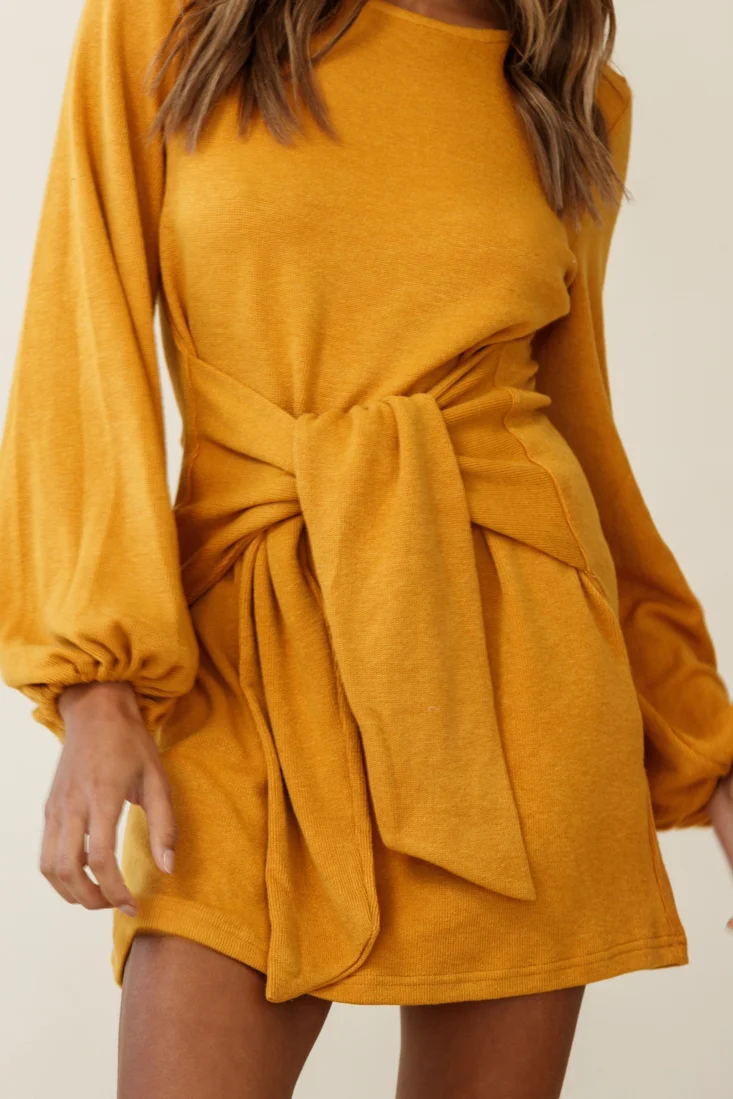 Rapt Waist Tie Knit Dress Mustard