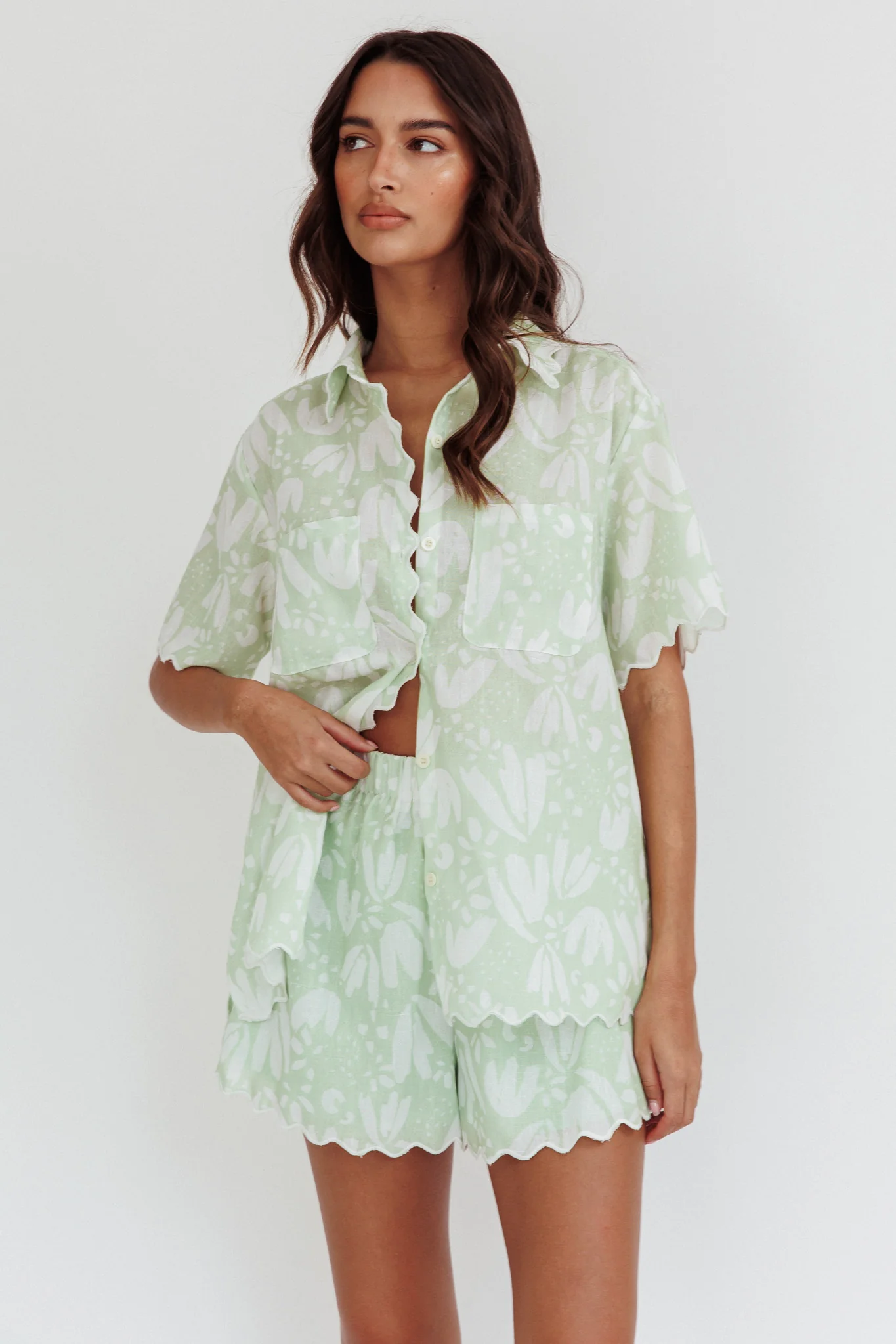 Swing Of Things Scalloped Edge Shirt Print Sage